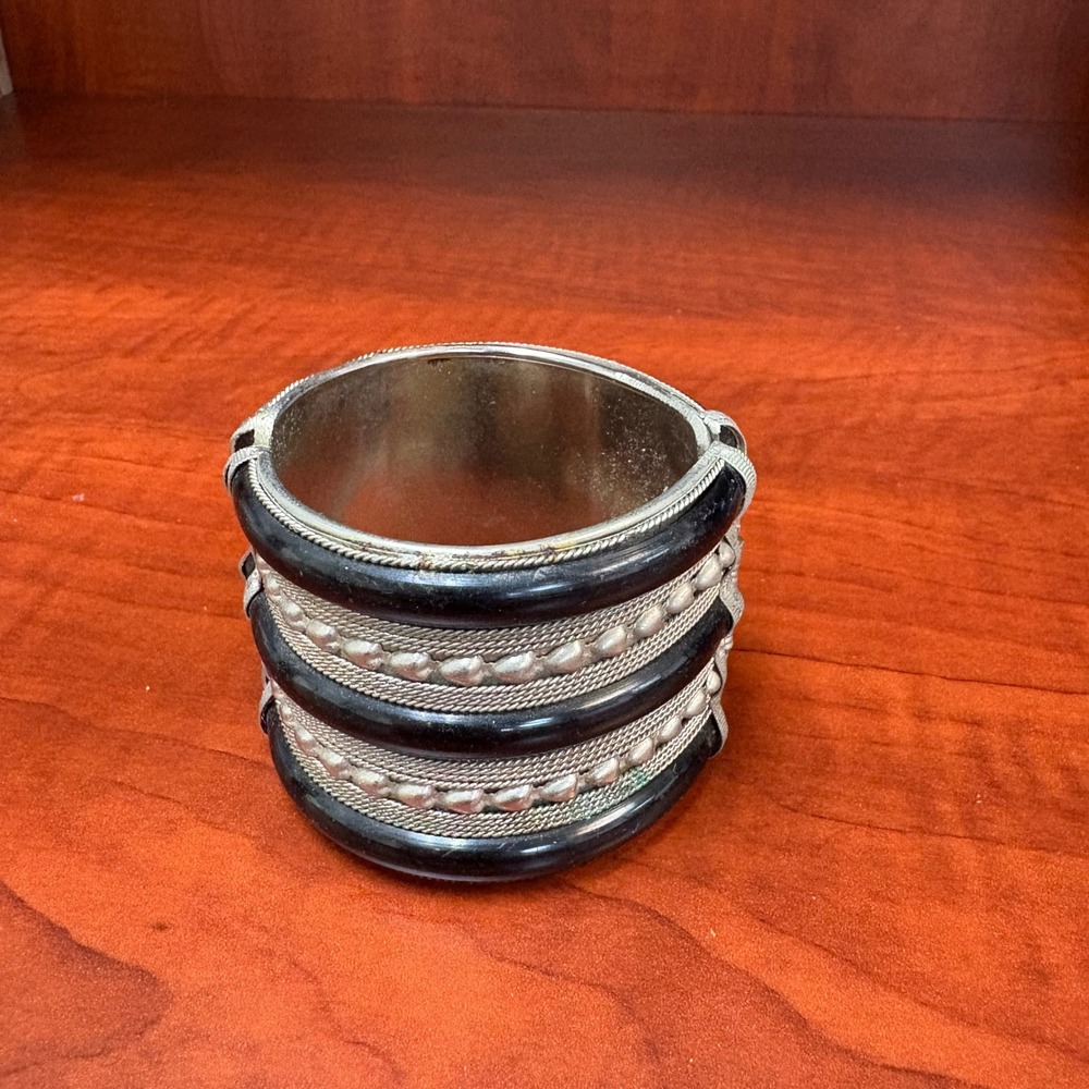 Chunky Black‎ Silver Tone Cuff Bracelet Boho Statement Jewelry